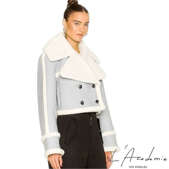 L'Academie **NWT** Elijah Leather Shearling Jacket in Powder Blue Grey (Revolve) - Picture 2 of 8